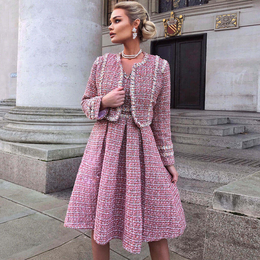Graceful Beaded Embellished Tweed Blazer Matching Set - Pink - Image 2