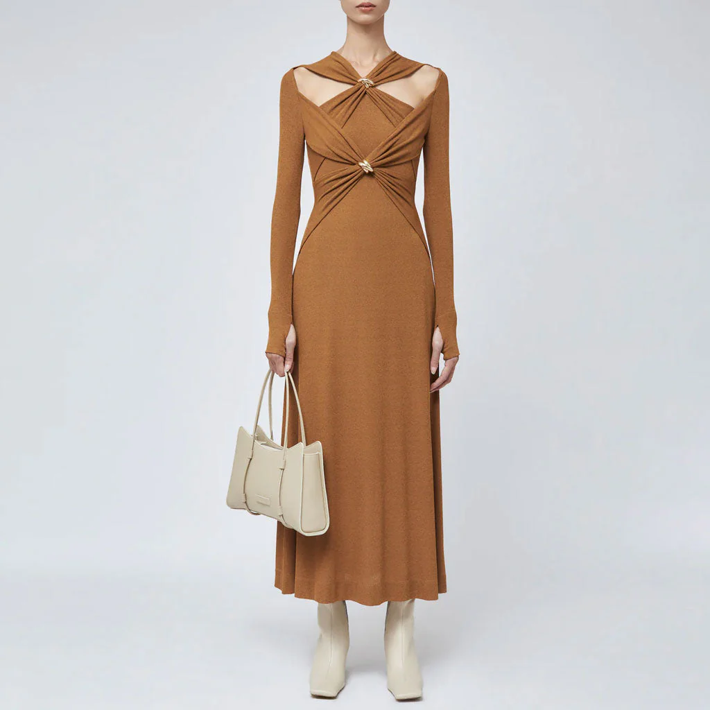 Graceful Metallic Accent V Neck Ruched CutOut Long Sleeve Sweater Midi Dress - Image 3