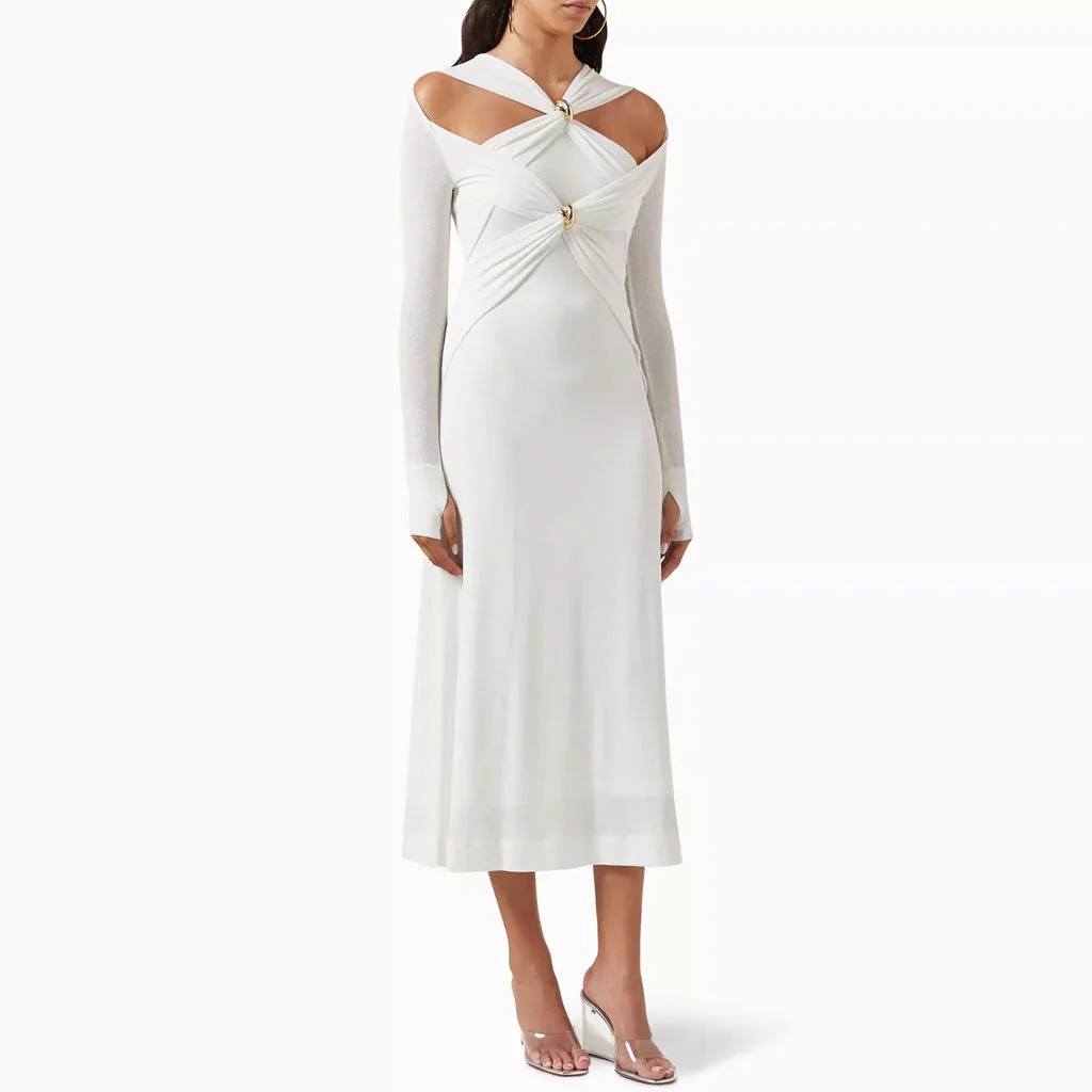 Graceful Metallic Accent V Neck Ruched CutOut Long Sleeve Sweater Midi Dress - Image 4