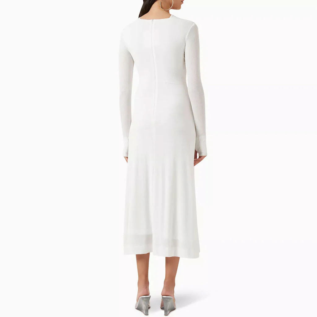 Graceful Metallic Accent V Neck Ruched CutOut Long Sleeve Sweater Midi Dress - Image 5