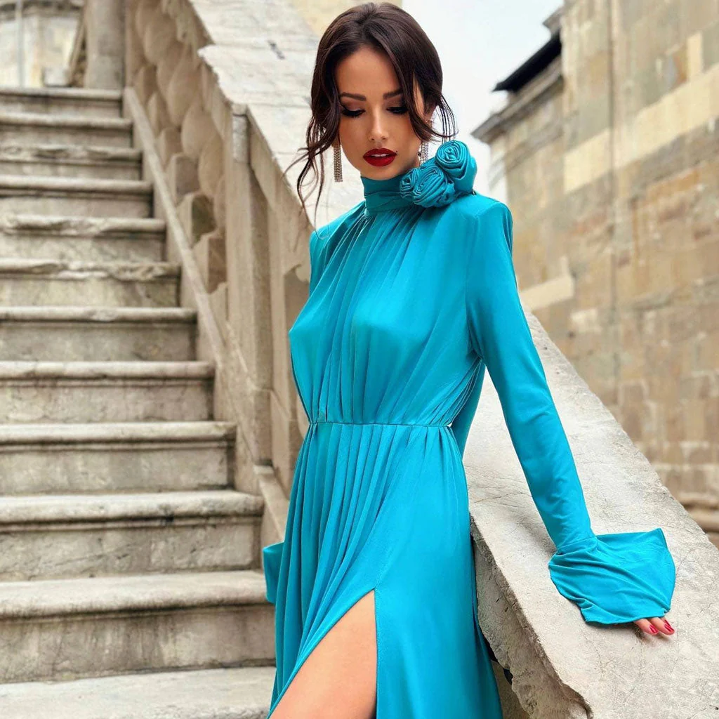 Graceful Rosette FLower Draped Halter Tie Long Sleeve High Slit Maxi Evening Dress - Image 2