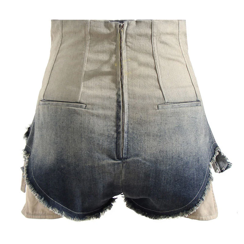 Gradient Distressed Raw Trim High Waist Micro Denim Shorts - Image 2