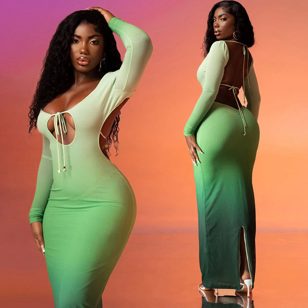 YAYOU GRADIENT COLOR BODYCON MAXI Dress - Image 2