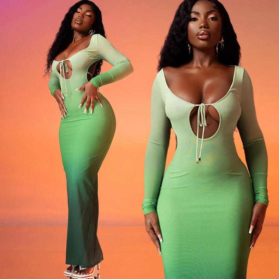 YAYOU GRADIENT COLOR BODYCON MAXI Dress - Image 3