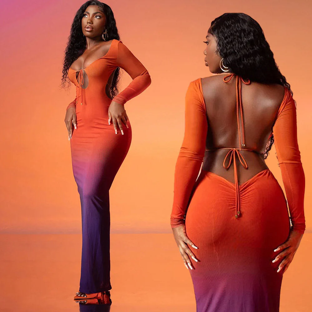 YAYOU GRADIENT COLOR BODYCON MAXI Dress - Image 4