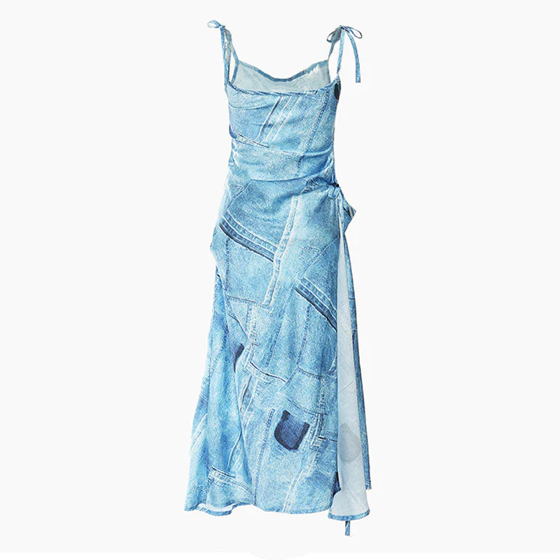Graphic Denim Print Cowl Neck Shoulder Tie Side Wrap Slip Midi Dress - Image 2