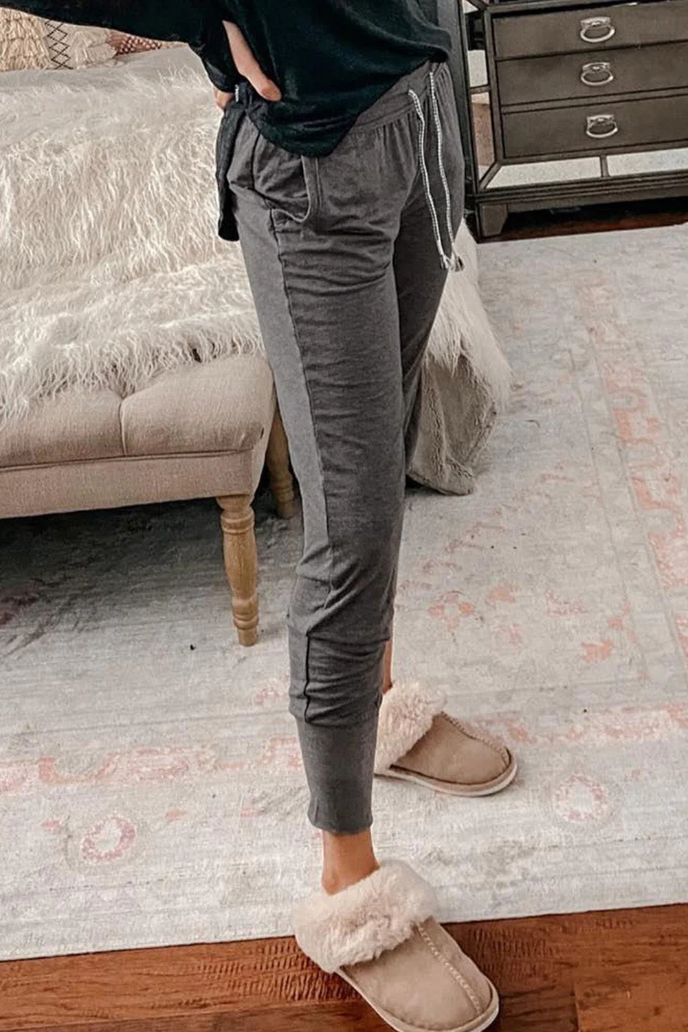 Gray Buttoned Drawstring High Waist Jogger Pants - Image 2