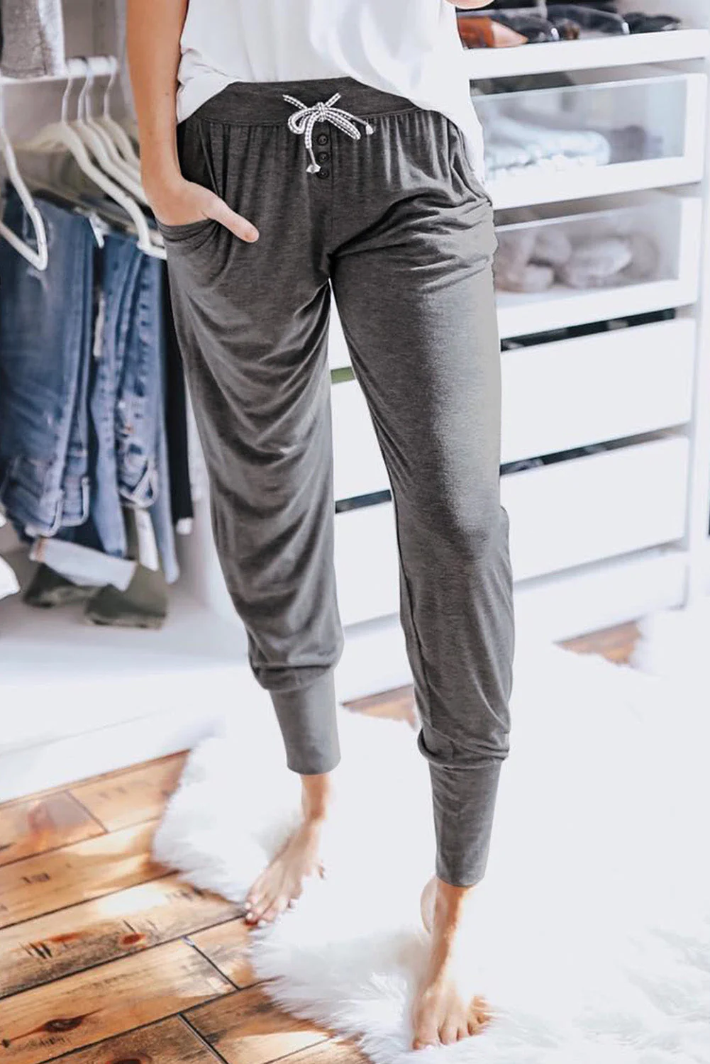 Gray Buttoned Drawstring High Waist Jogger Pants - Image 3