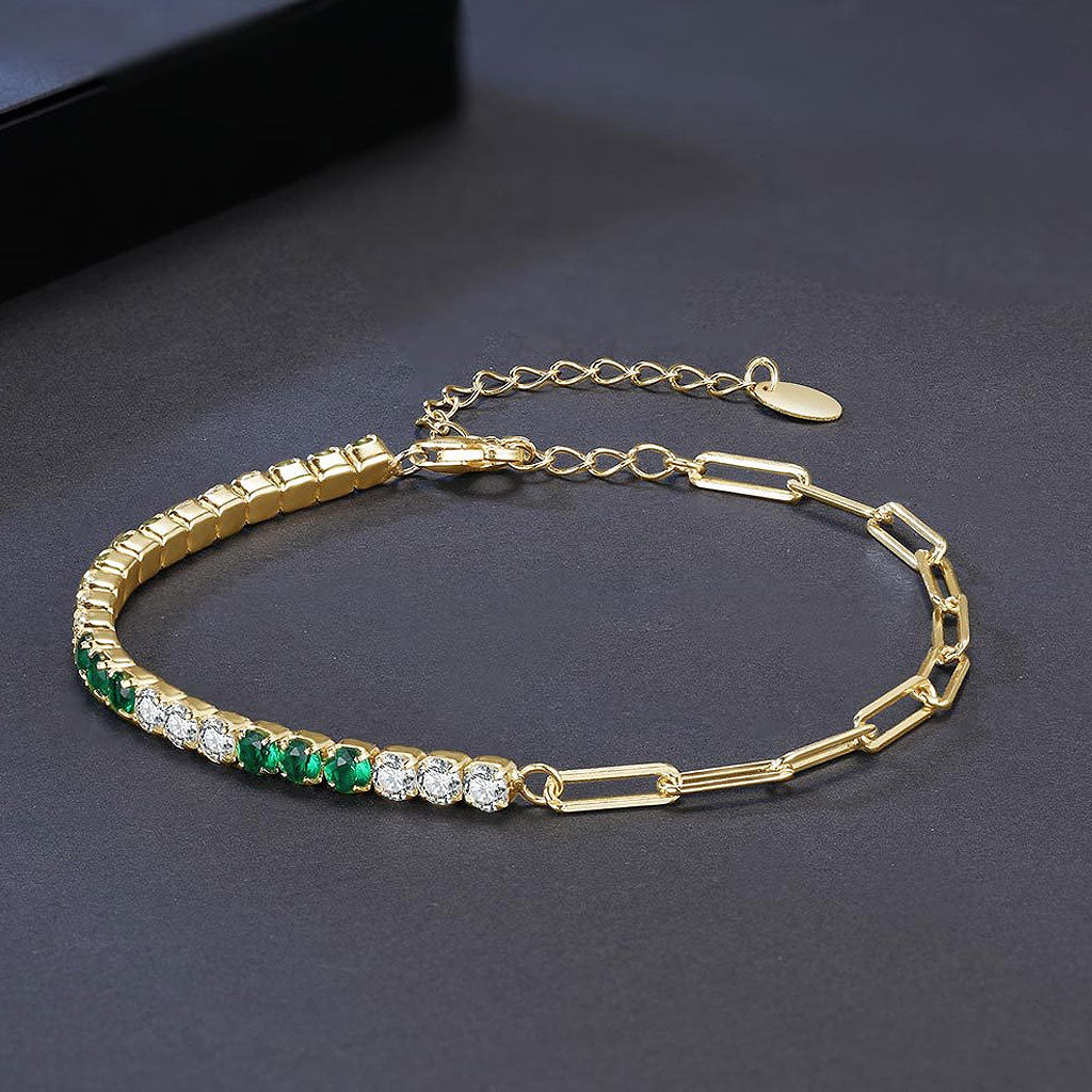 Green and White Cubic Zirconia Sterling Silver Paperclip Half Tennis Bracelet - Image 3
