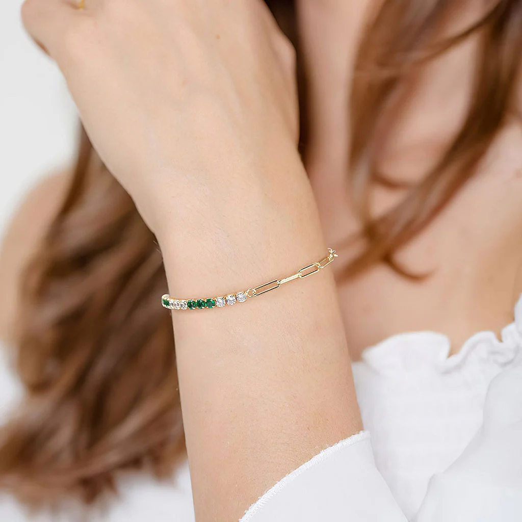 Green and White Cubic Zirconia Sterling Silver Paperclip Half Tennis Bracelet - Image 5
