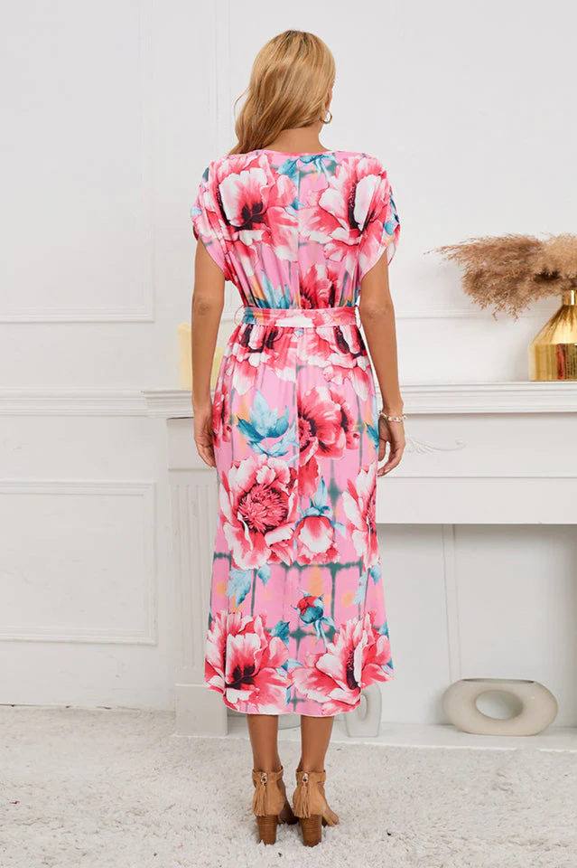 Green & Peach Floral Hi-Low Wrap Dress - Image 2