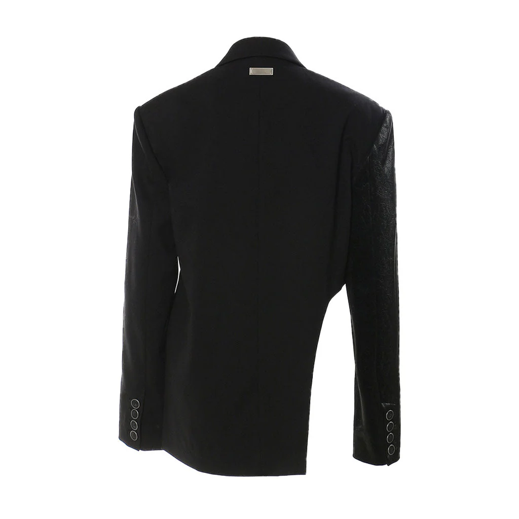 Grunge Deconstructed Lapel Collar Zipper Up Vegan Leather Belted Blazer - Image 3