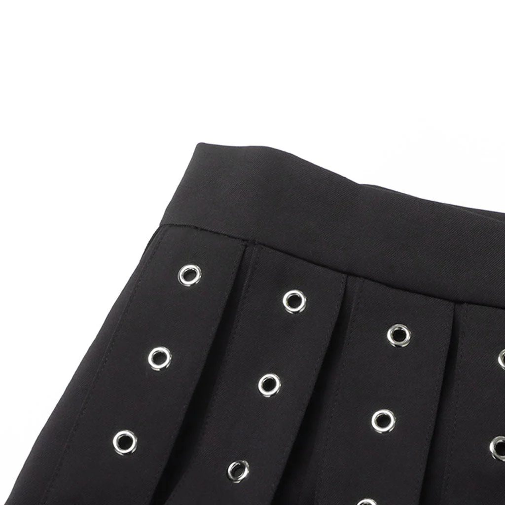 Grunge Solid Grommet Eyelet Strappy Buckle Belted A Line Skirt - Image 3