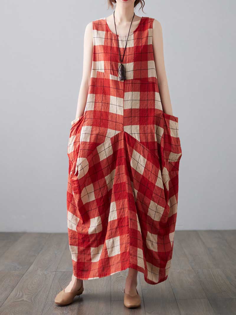 H-line Loose Retro Style Plaid Print Cotton Dress - Image 3