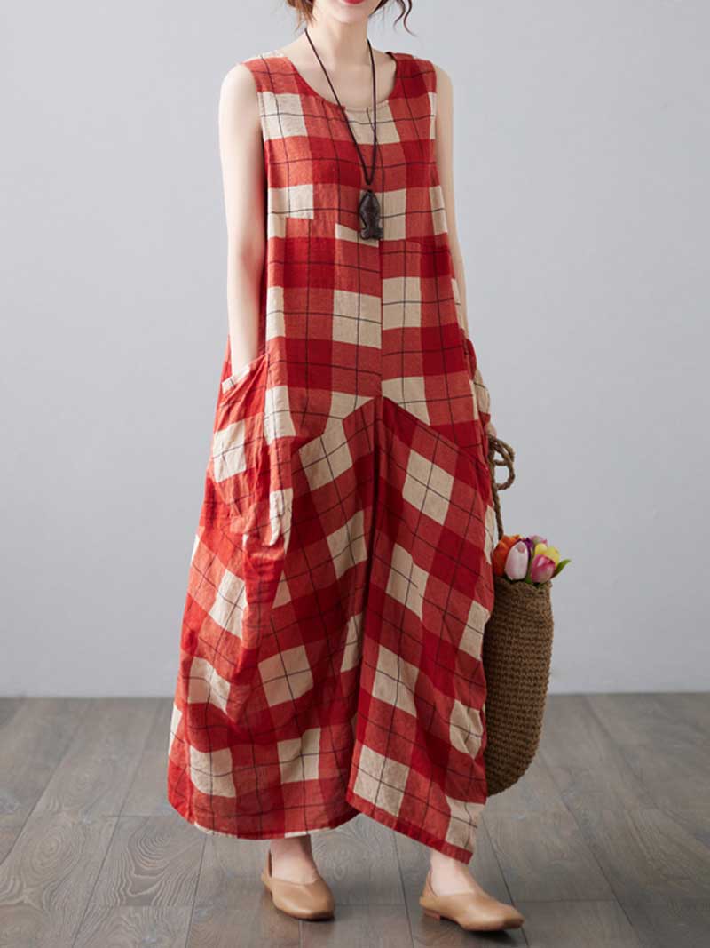 H-line Loose Retro Style Plaid Print Cotton Dress - Image 4