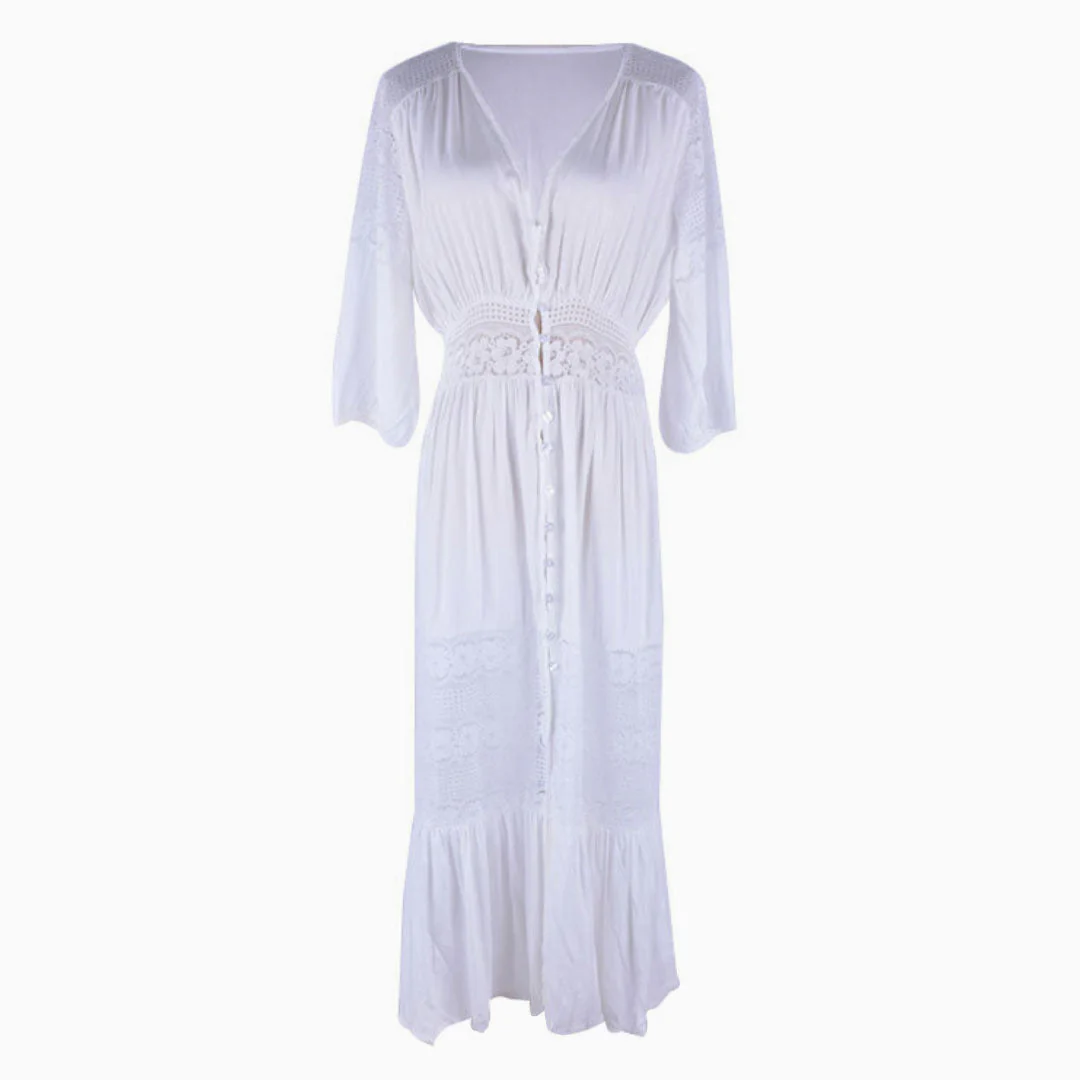 Boho Style Deep V Button Up Sleeved Lace Panel Midi Cover Up - White - Image 2