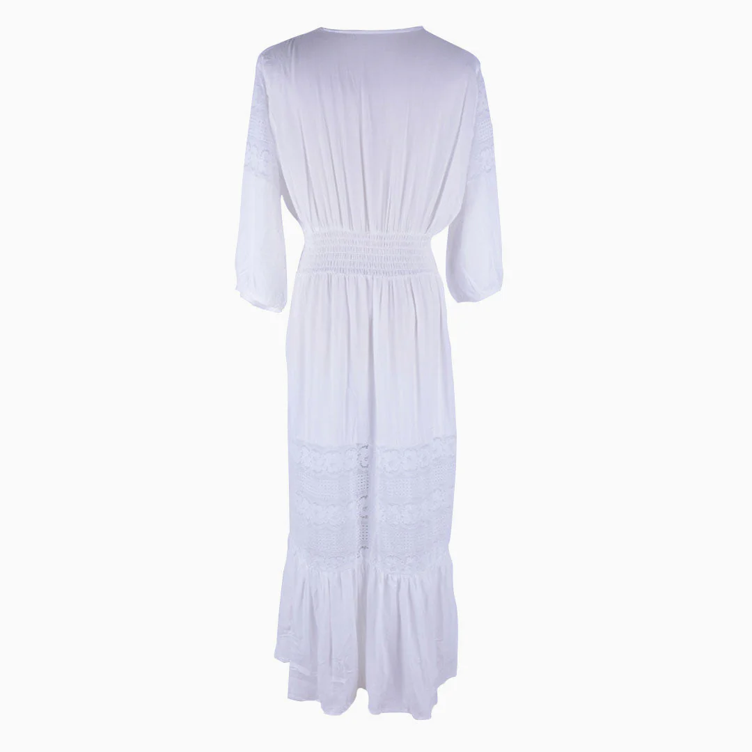 Boho Style Deep V Button Up Sleeved Lace Panel Midi Cover Up - White - Image 3