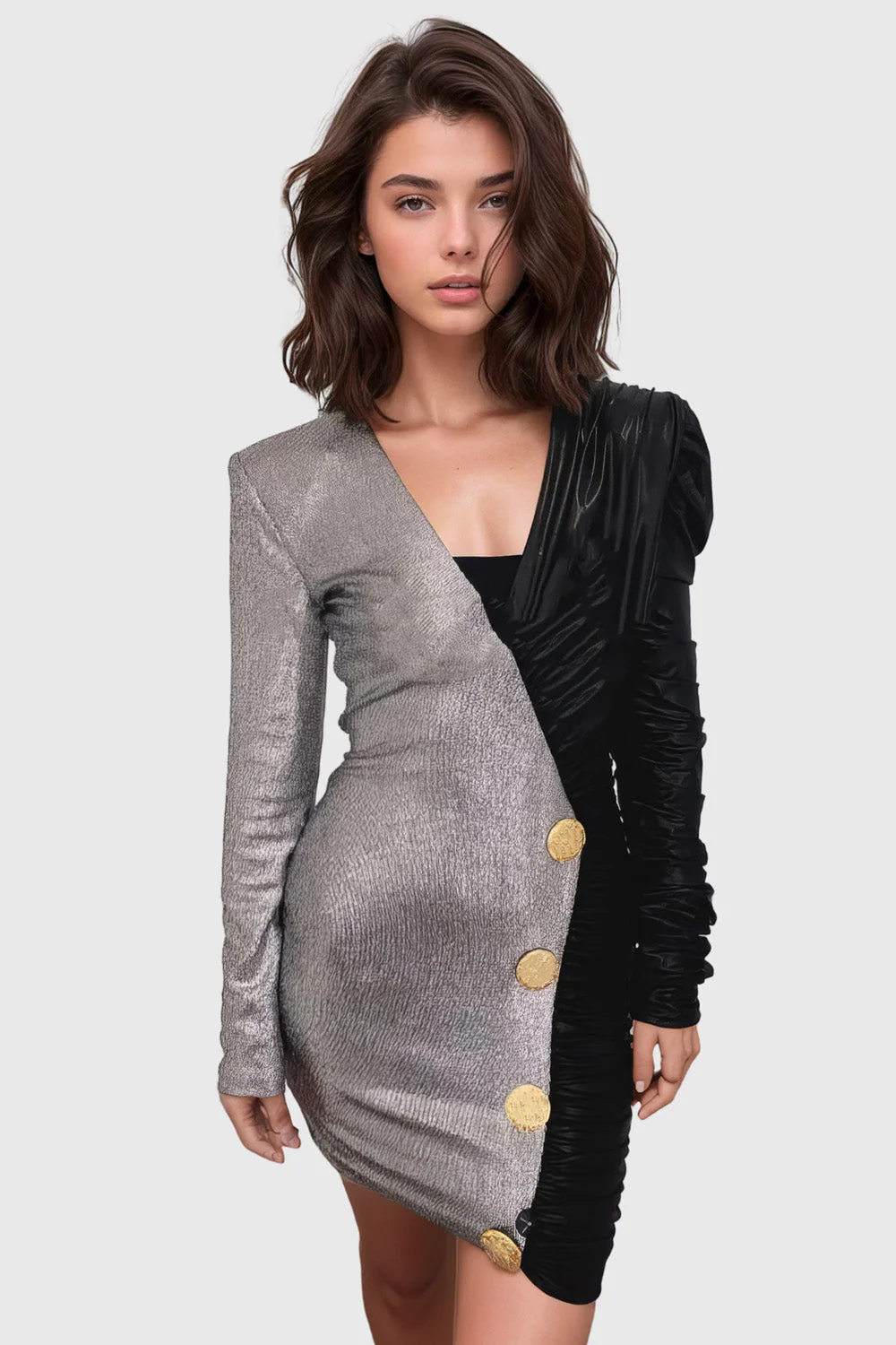 Half Tweed Half Leather Short Dress - Black - Image 3