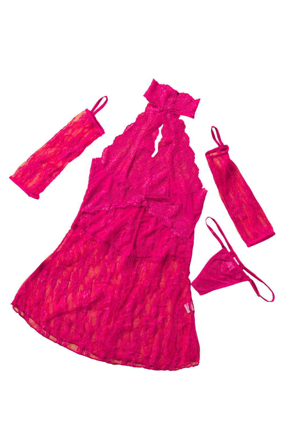 Halter Neck Backless Lace Babydoll With Thong And Gloves - Image 15