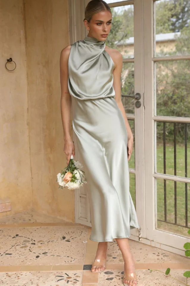 Halter Sleeveless Satin Bridesmaid Dress - Image 10