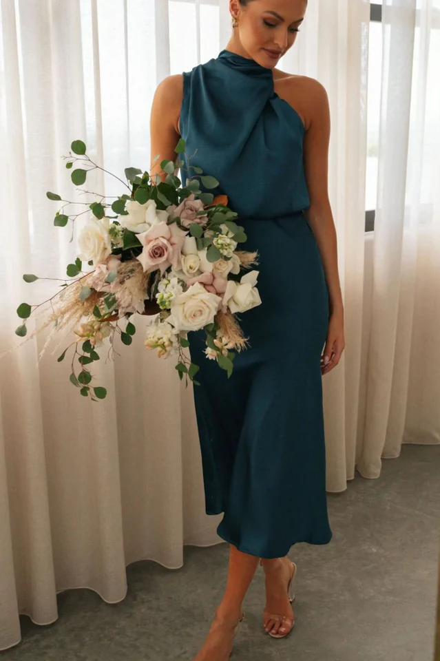 Halter Sleeveless Satin Bridesmaid Dress - Image 30