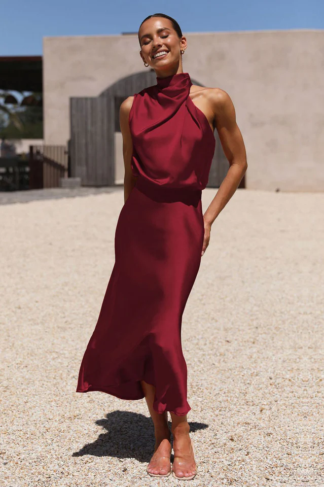 Halter Sleeveless Satin Bridesmaid Dress - Image 34