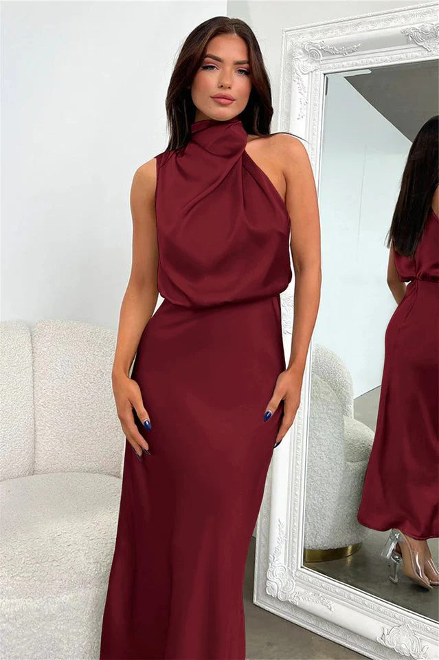 Halter Sleeveless Satin Bridesmaid Dress - Image 38