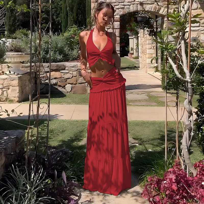 Halter Strap Twisted Maxi Skirt Set - Image 12