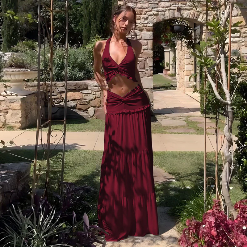 Halter Strap Twisted Maxi Skirt Set - Image 5