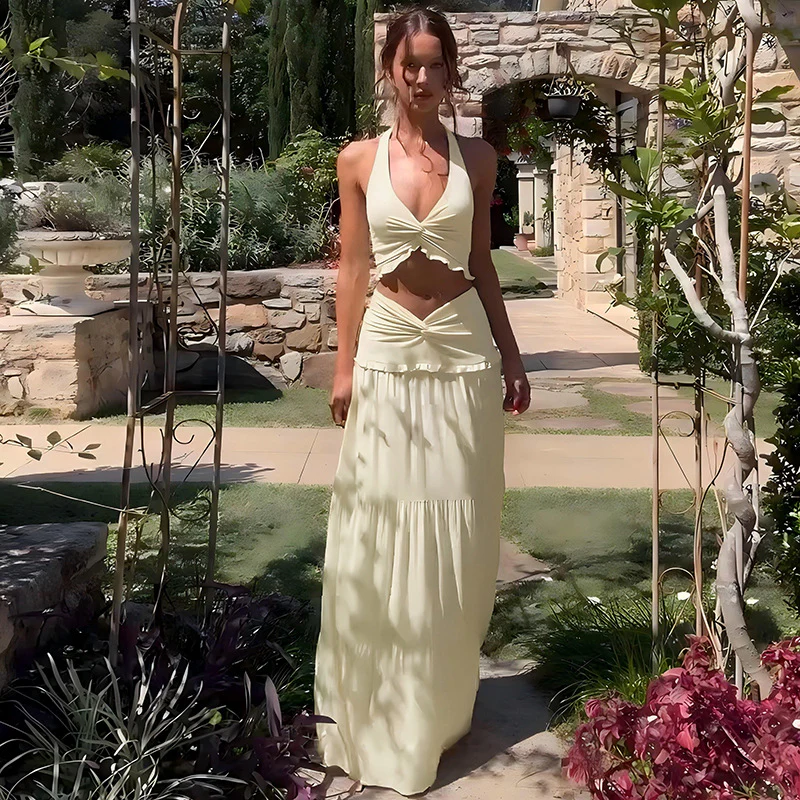 Halter Strap Twisted Maxi Skirt Set - Image 6
