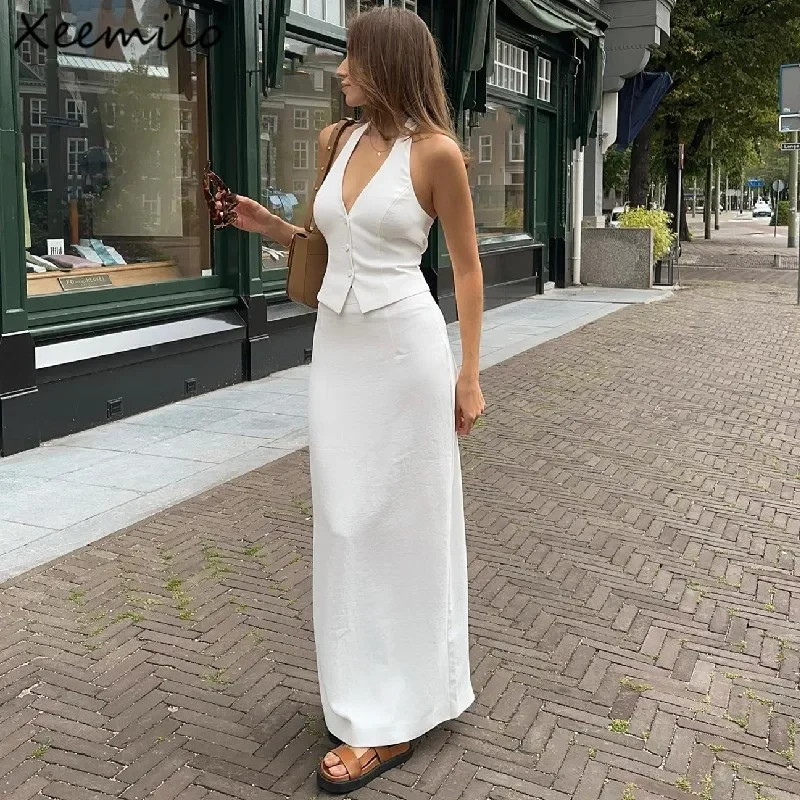 WHITE HALTER TANK TOP MAXI Skirt SET - Image 2
