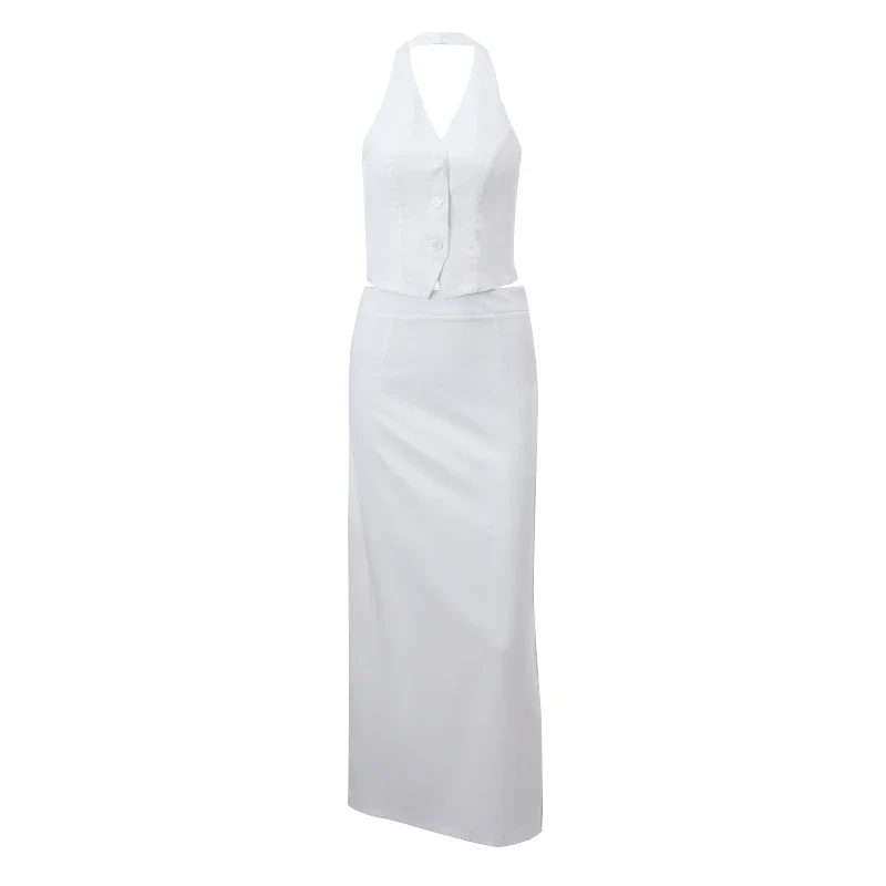 WHITE HALTER TANK TOP MAXI Skirt SET - Image 8