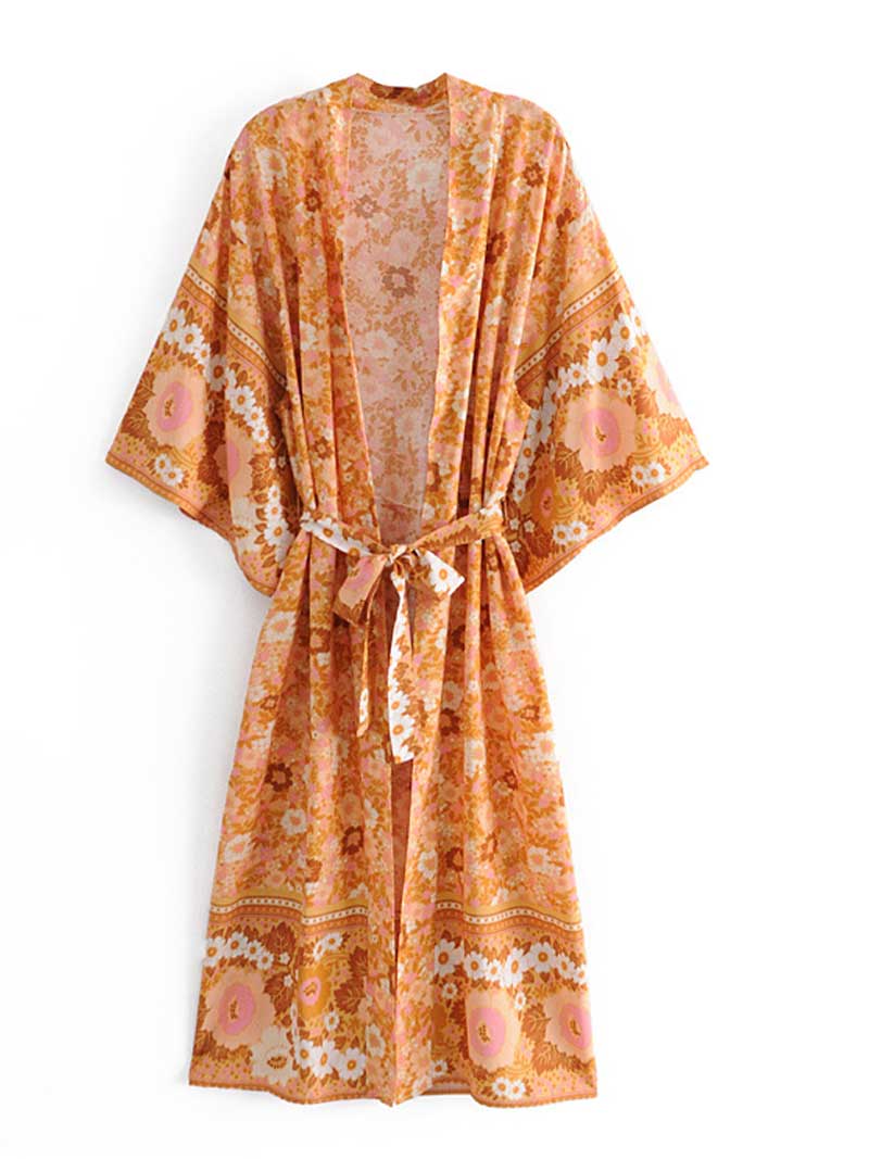 Bride to Be Floral Print Orange Color Cotton Long Gown Kimono Duster Robe - Image 3