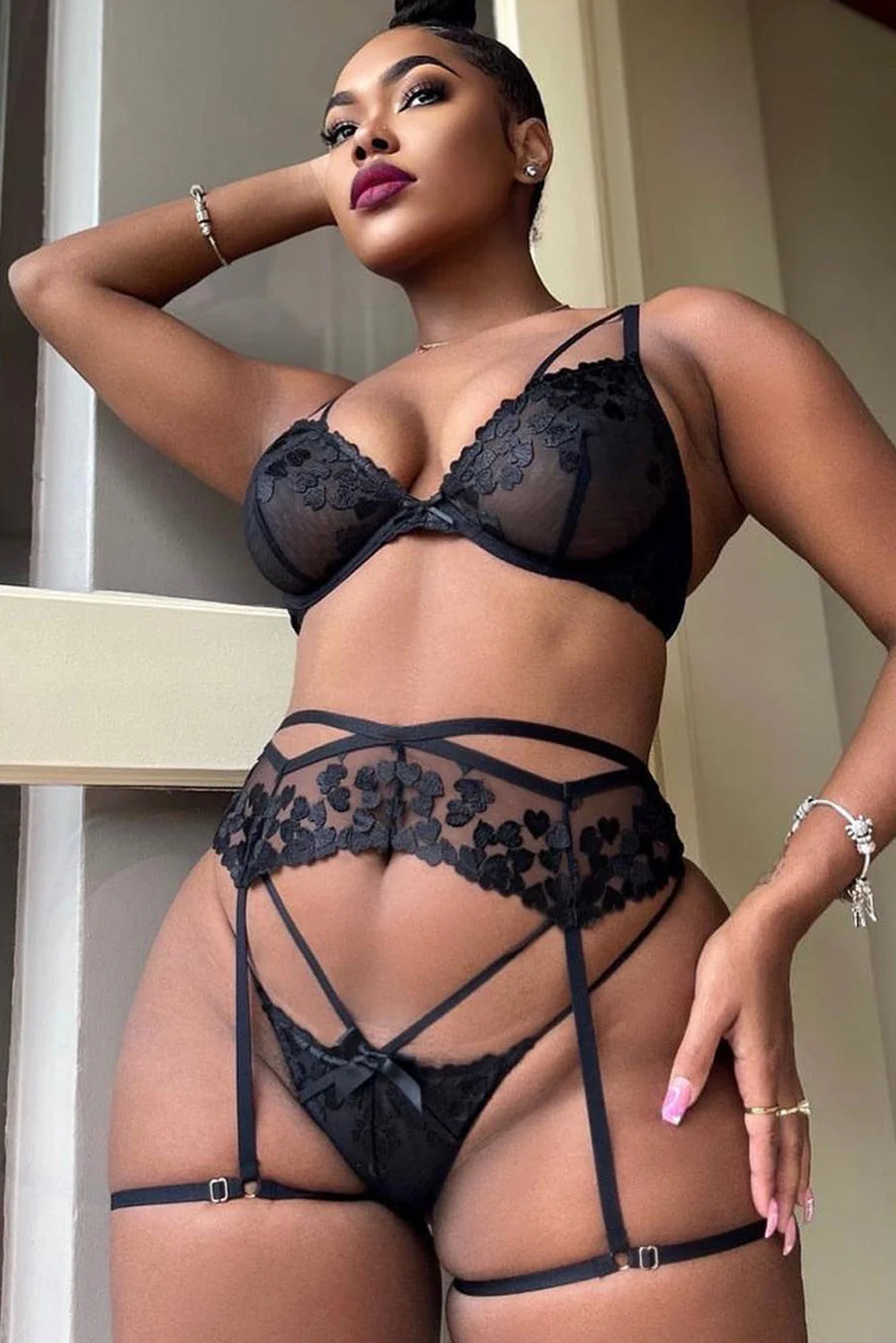 Heart Embroidered Mesh Strappy 3pcs Lingerie Set - Image 3