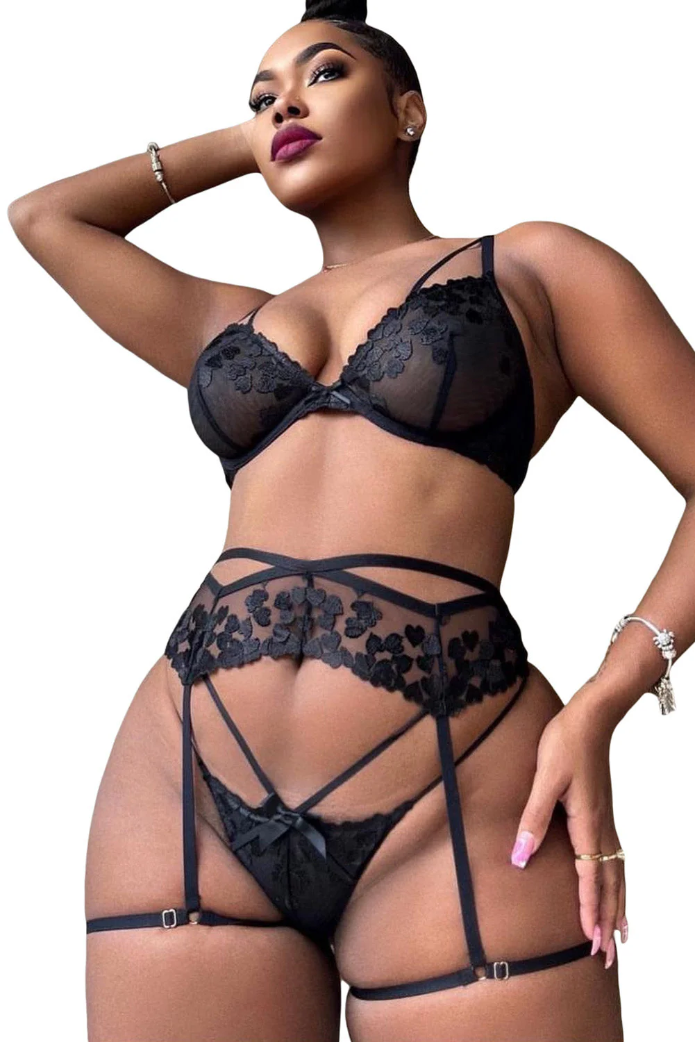Heart Embroidered Mesh Strappy 3pcs Lingerie Set - Image 4