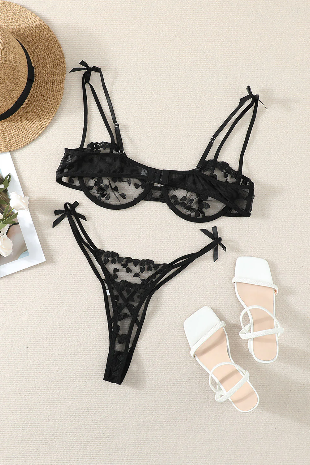Heart Print Bowknot Decor Bralette Set - Image 13