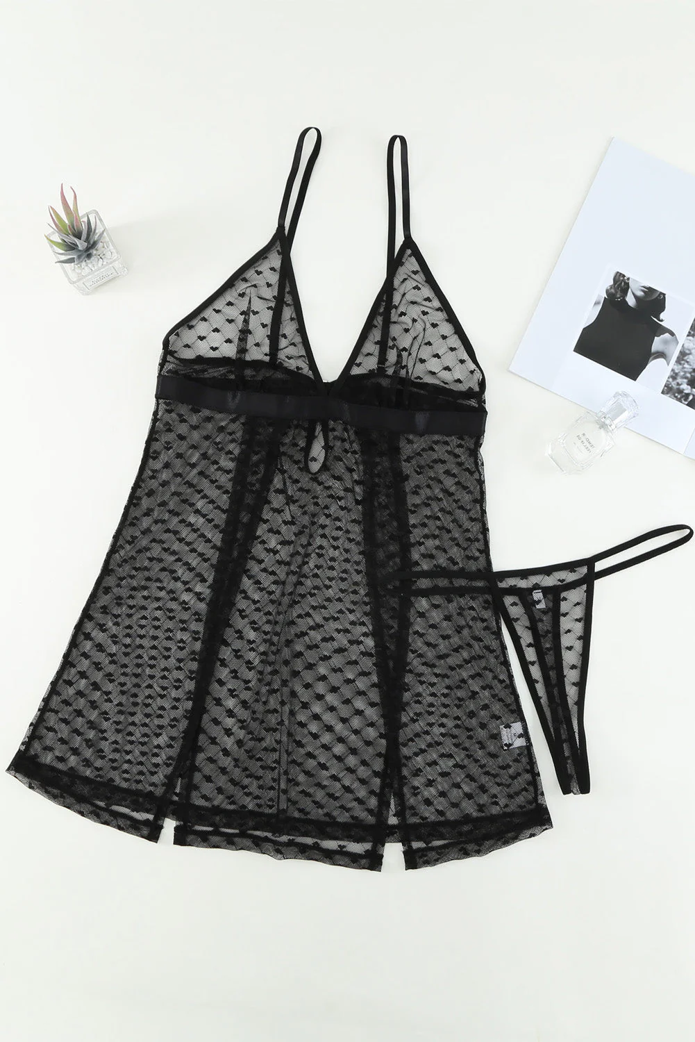 Heart-Shape Mesh Cut-Out Babydoll With Thong - Image 7