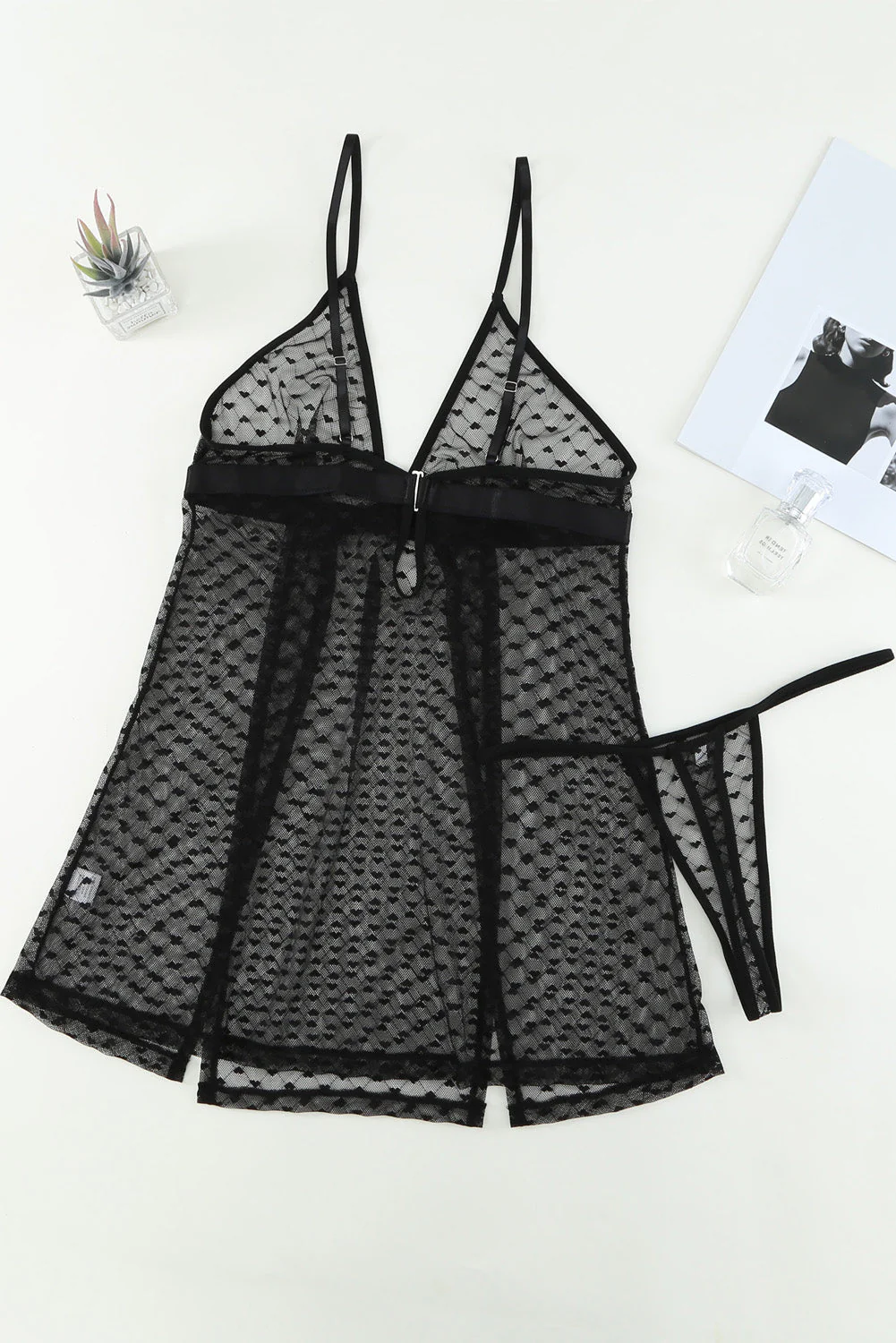 Heart-Shape Mesh Cut-Out Babydoll With Thong - Image 8