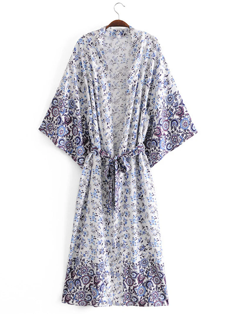 Nightwear Floral Print Green Color Cotton Long Length Gown Kimono Duster - Image 2