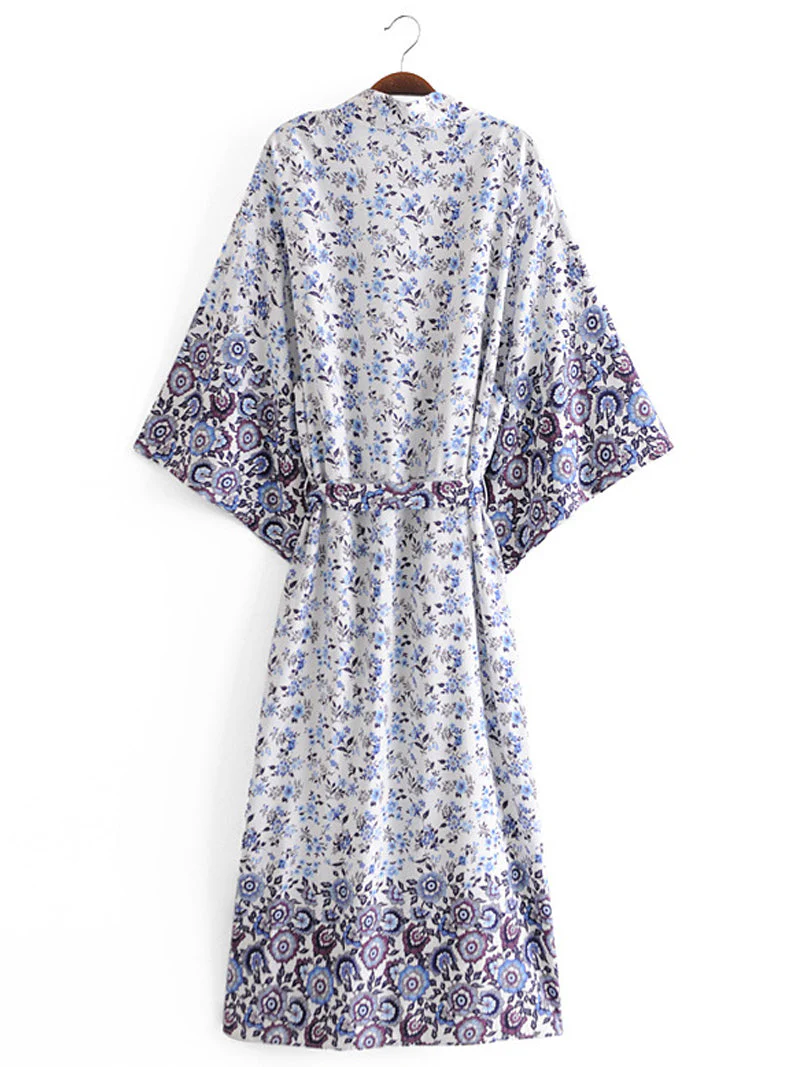 Nightwear Floral Print Green Color Cotton Long Length Gown Kimono Duster - Image 3