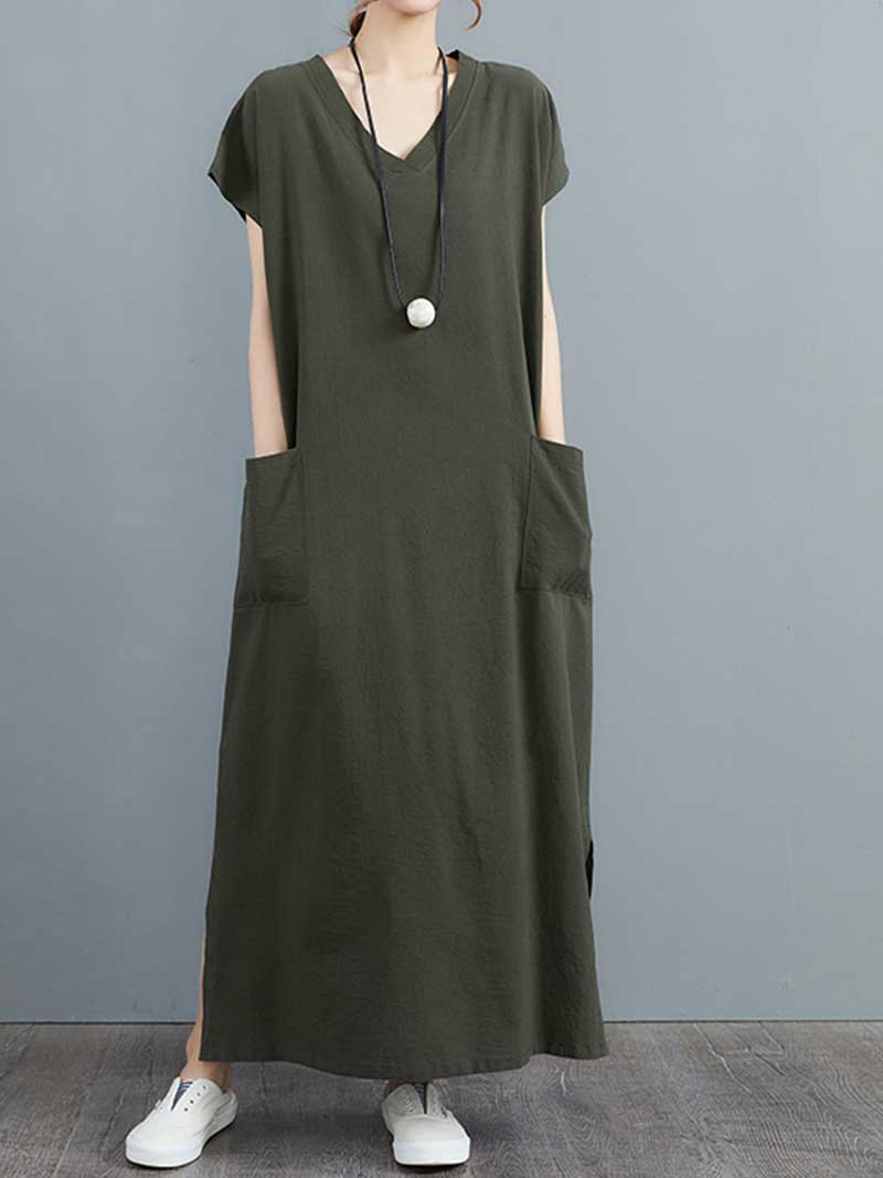 Hemp Material Plain Short Sleeves With Double Side Pocket A-Line Dress - Image 2