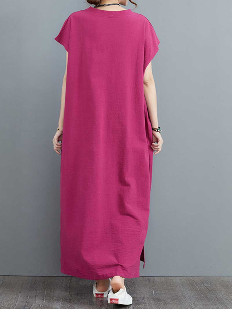 Hemp Material Plain Short Sleeves With Double Side Pocket A-Line Dress - Image 3