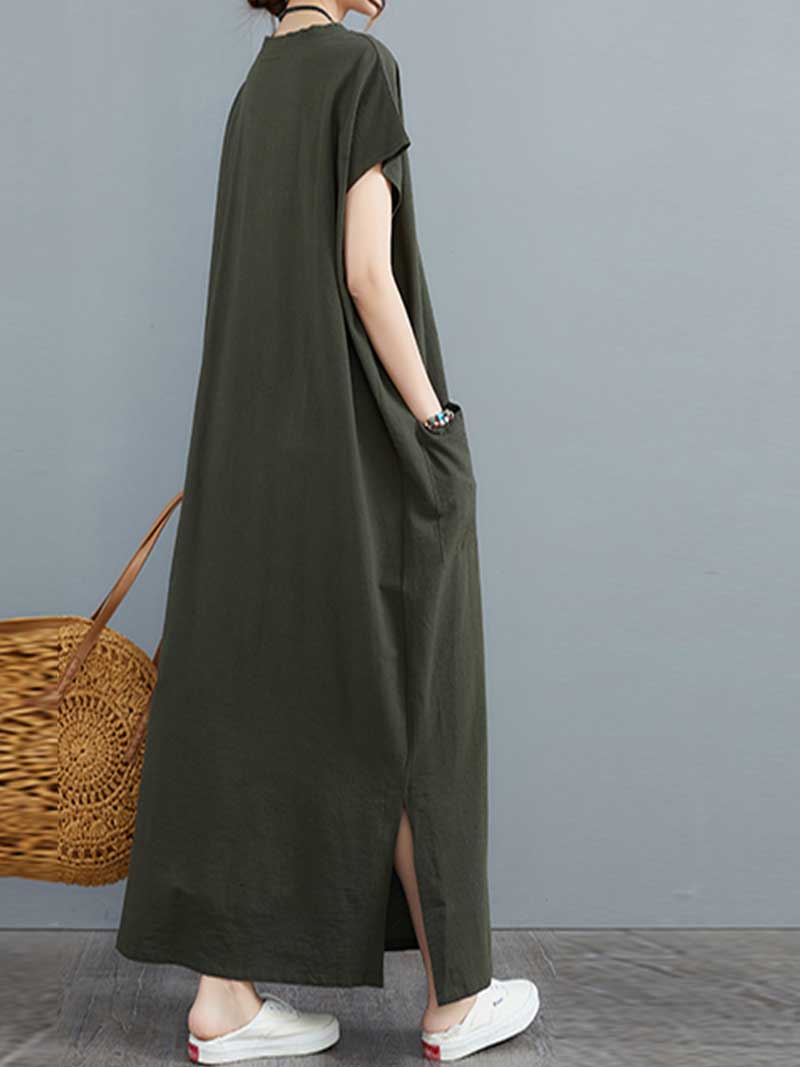 Hemp Material Plain Short Sleeves With Double Side Pocket A-Line Dress - Image 4