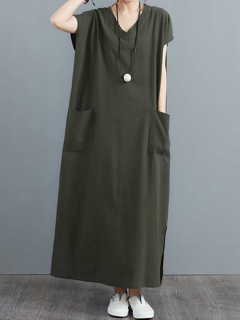 Hemp Material Plain Short Sleeves With Double Side Pocket A-Line Dress - Image 6