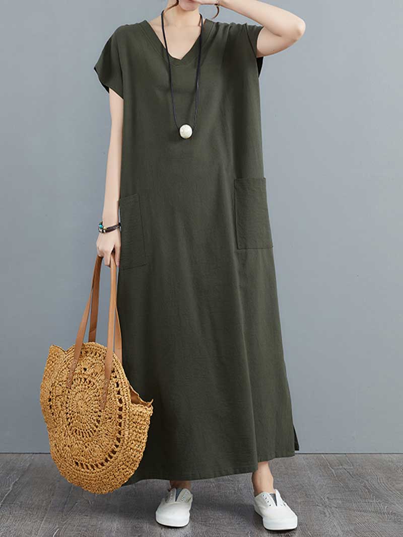 Hemp Material Plain Short Sleeves With Double Side Pocket A-Line Dress - Image 8