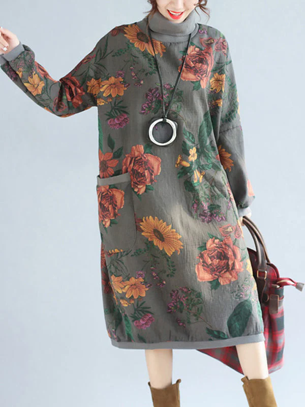 Floral Print High Collar Pocket Sweater Dress - Image 2