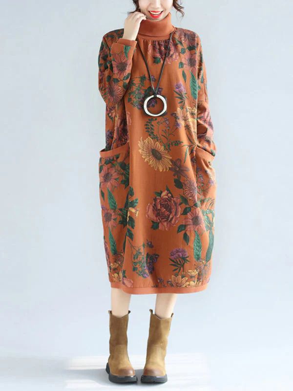 Floral Print High Collar Pocket Sweater Dress - Image 3