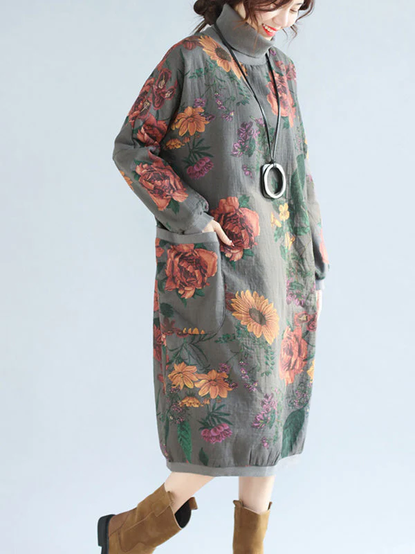 Floral Print High Collar Pocket Sweater Dress - Image 4