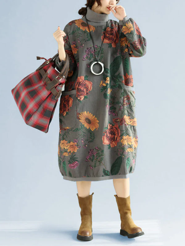 Floral Print High Collar Pocket Sweater Dress - Image 5