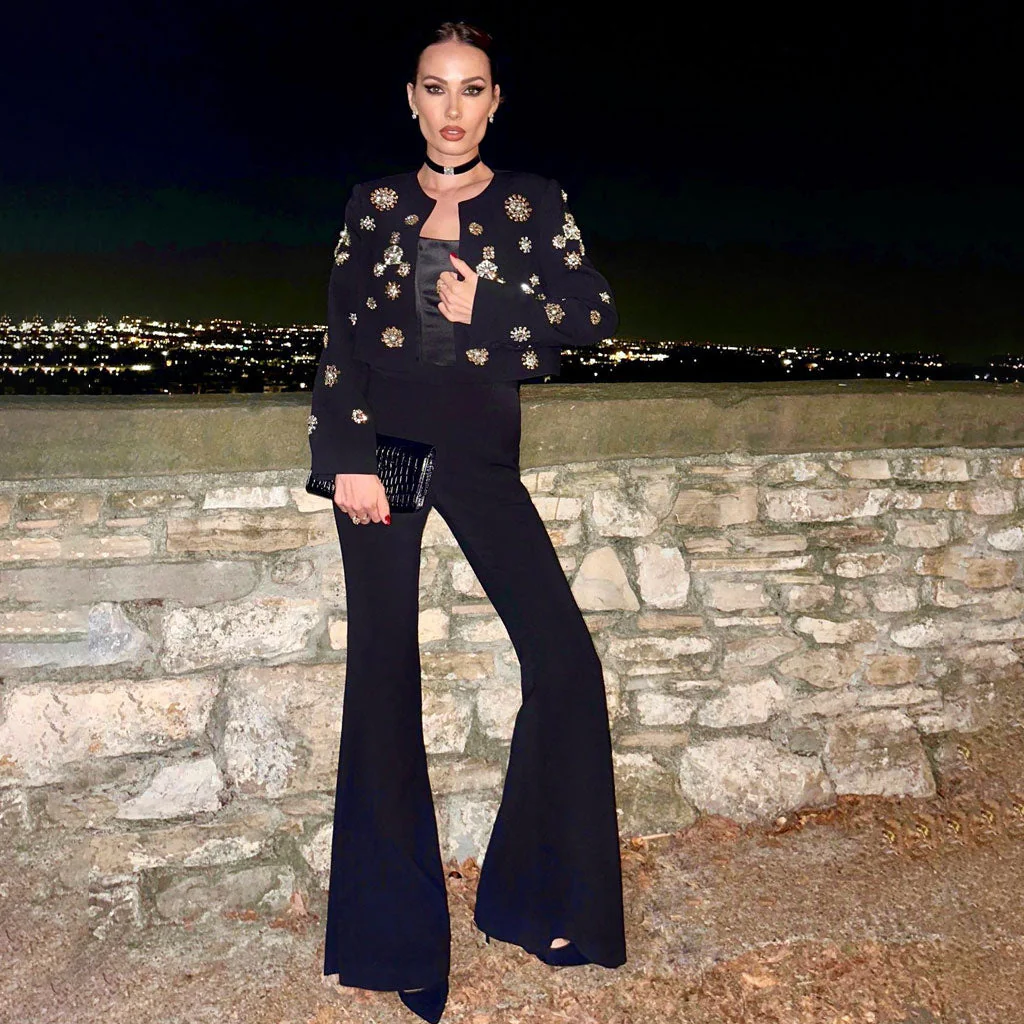 High End High Waist Split Bootcut Crystal Beaded FLower Crop Blazer Matching Set - Image 3